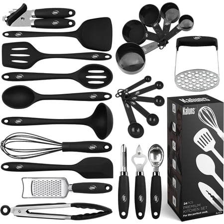 Kaluns Silicone Cooking Utensils Set 24 Pcs - Premium Heat Resistant Cooking Set & Kitchen Essentials - Non-Stick Kitchenware with Stainless Steel Handles