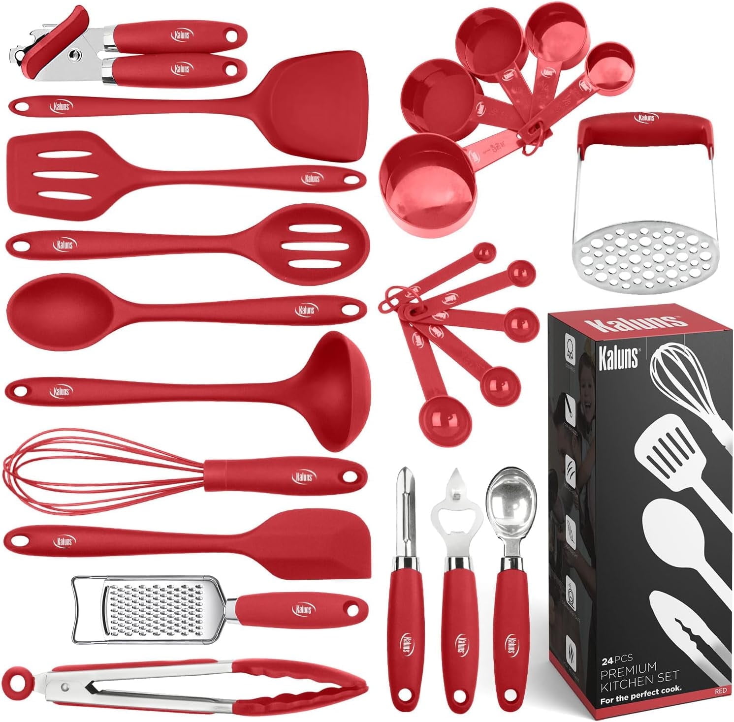 Kaluns Silicone Cooking Utensils Set 24 Pcs - Premium Heat Resistant Cooking Set & Kitchen Essentials - Non-Stick Kitchenware with Stainless Steel Handles
