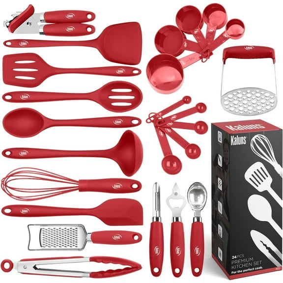 Kaluns Silicone Cooking Utensils Set 24 Pcs - Premium Heat Resistant Cooking Set & Kitchen Essentials - Non-Stick Kitchenware with Stainless Steel Handles