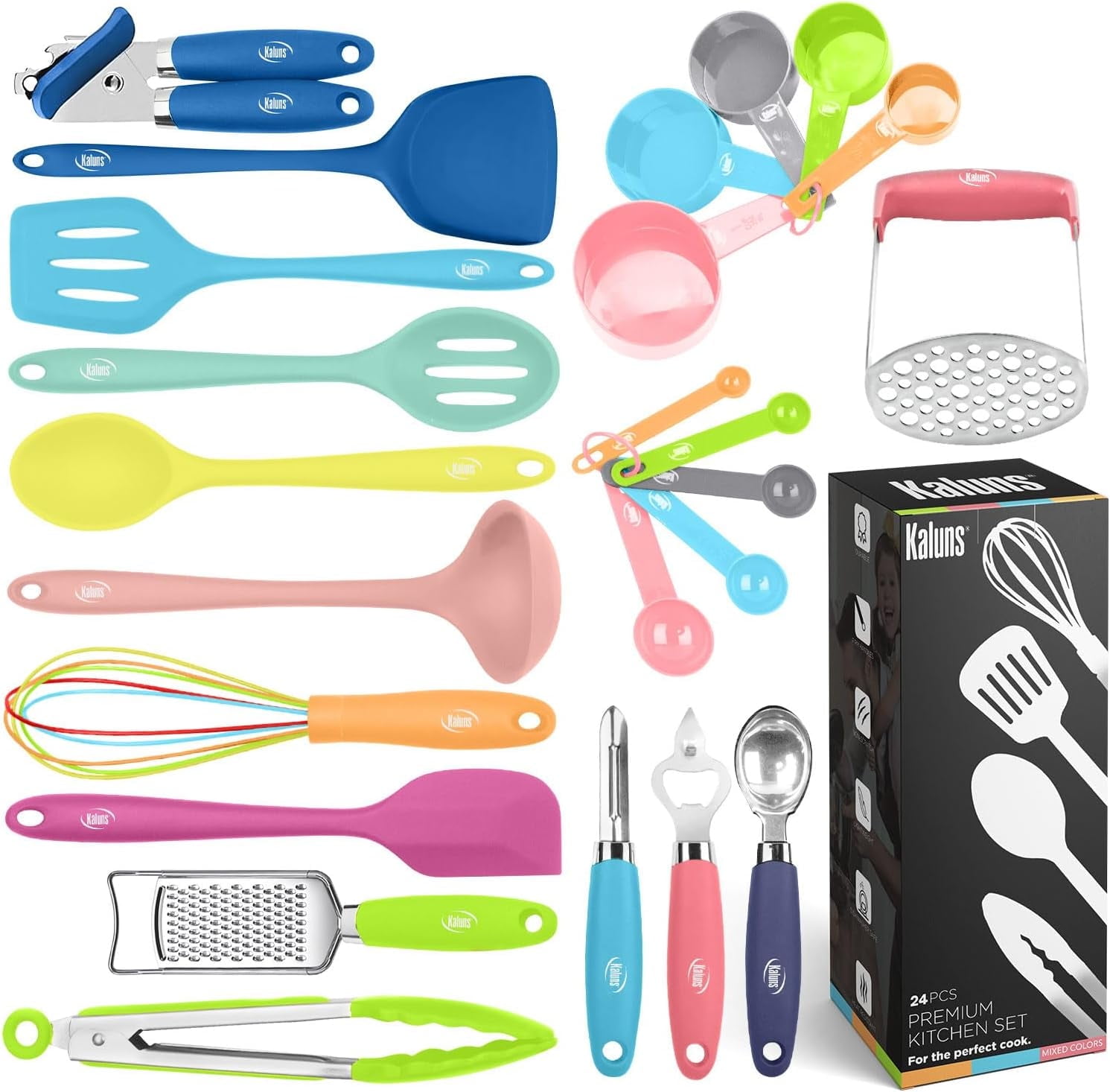 Kaluns Silicone Cooking Utensils Set 24 Pcs - Premium Heat Resistant Cooking Set & Kitchen Essentials - Non-Stick Kitchenware with Stainless Steel Handles