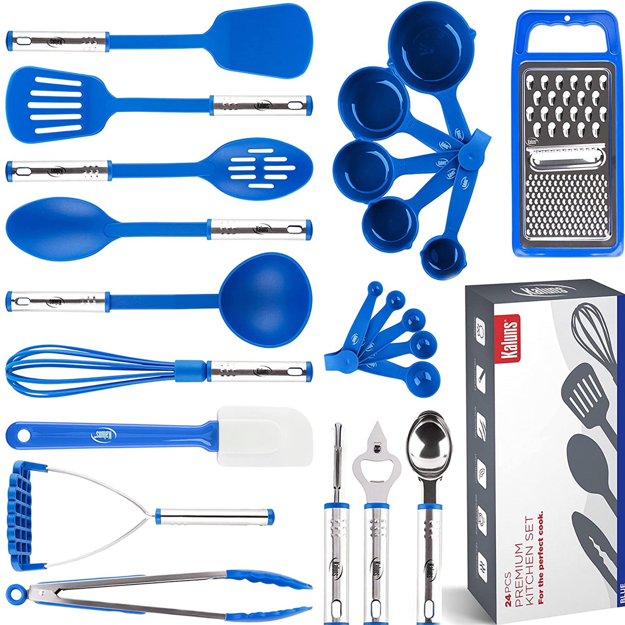 Kaluns 24 Pcs Cooking Utensils Set, Nylon & Stainless Steel Cooking Sets for Non-Stick Cookware, Heat Resistant Kitchen Essentials & Kitchenware, Blue