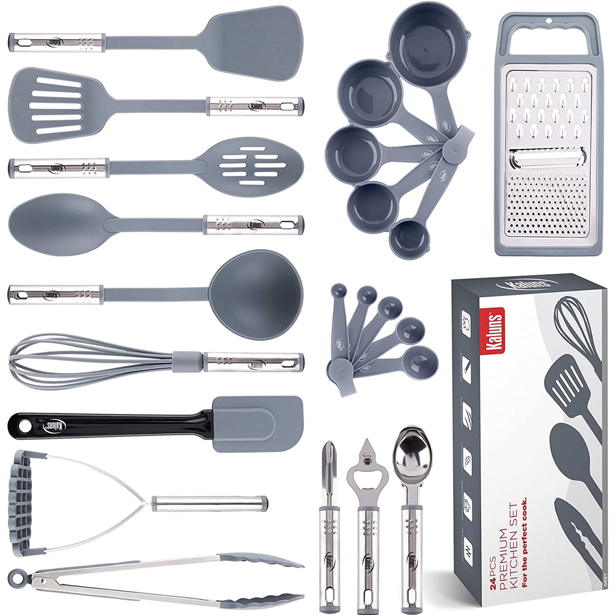 Kaluns Kitchen Utensils Set, 24 Piece Silicone Cooking Utensils, Dishwasher Safe and Heat Resistant Kitchen Tools, Gray