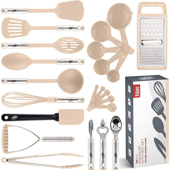 Kaluns 24 Pcs Cooking Utensils Set, Nylon & Stainless Steel Cooking Sets for Non-Stick Cookware, Heat Resistant Kitchen Essentials & Kitchenware, Khaki