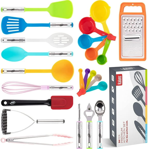Kaluns 24 Pcs Cooking Utensils Set, Nylon & Stainless Steel Cooking Sets for Non-Stick Cookware, Heat Resistant Kitchen Essentials & Kitchenware, Multicolored
