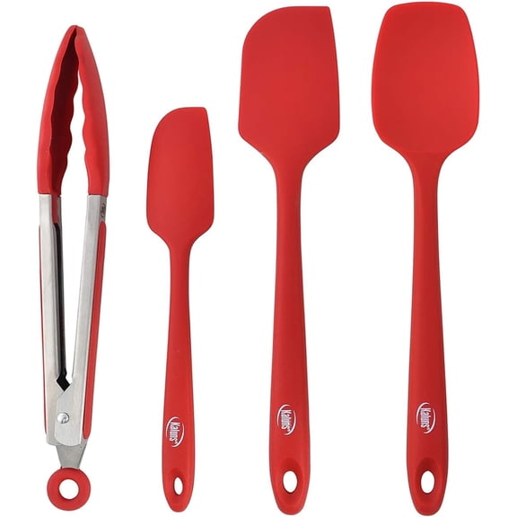 Kaluns 4-Piece Spatula set Red Includes 3 Silicone Spatulas and One 9" Tong, Rubber Kitchen Tools for Cooking, Baking and Mixing, Strong Stainless steel core design, Non-stick, 600F Heat resistant