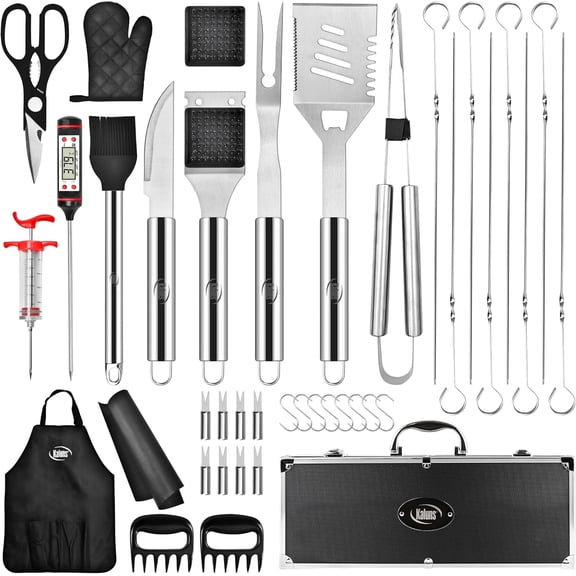 Kaluns 32 Pcs Grill Set - Heavy Duty Stainless Steel BBQ Utensils for Grilling with Aluminum Case & Apron - Barbecue Accessories and Grilling Tools Kit