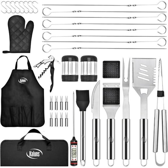 Kaluns Grilling Accessories, Heavy Duty Stainless Steel Grill Set BBQ Utensils for Grilling with Meat Thermometer, Case & Apron