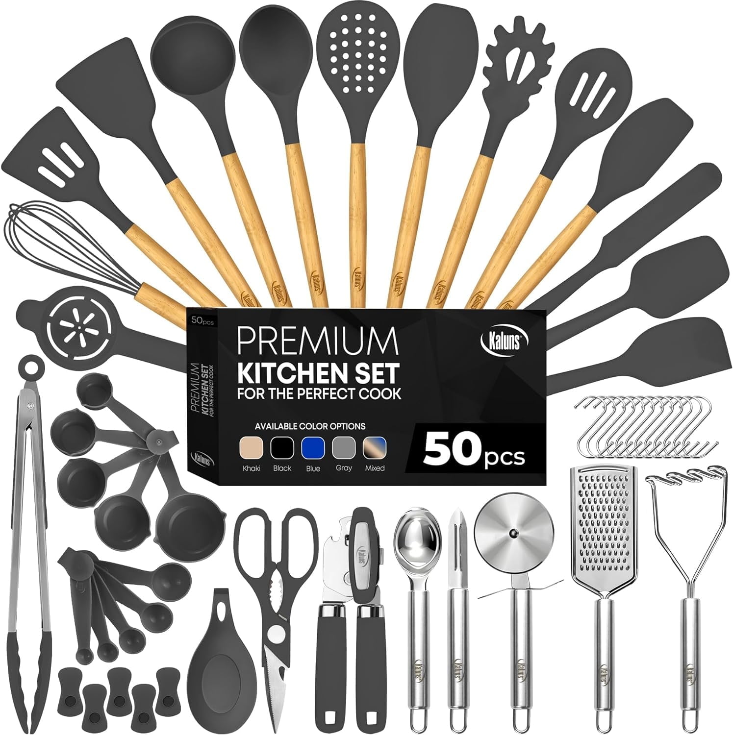 Kaluns Kitchen Utensils Set, 50 Piece Silicone And Stainless Steel Cooking Utensils, Dishwasher Safe and Heat Resistant Kitchen Tools