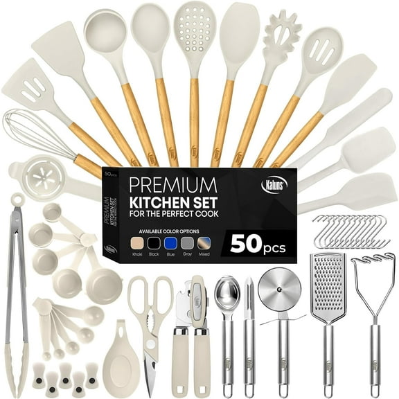 Kaluns Kitchen Utensils Set, 50 Piece Silicone And Stainless Steel Cooking Utensils, Dishwasher Safe and Heat Resistant Kitchen Tools