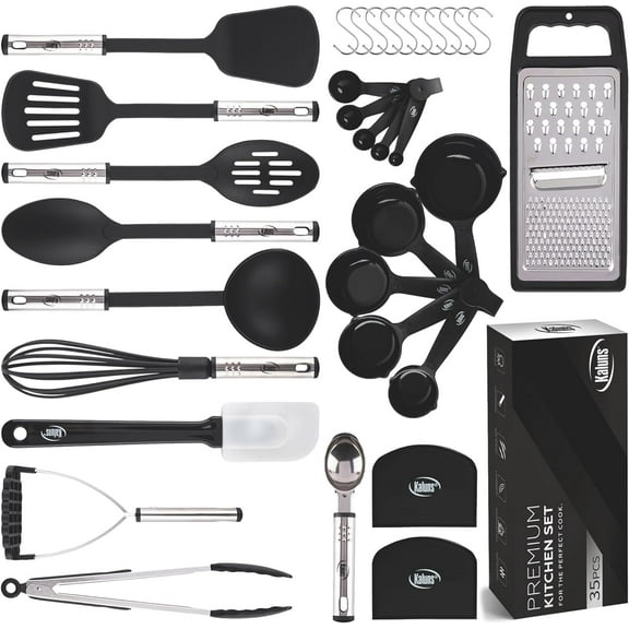 Kaluns 35 Pcs Kitchen Utensils Set - Nonstick Heat Resistant Nylon, Stainless Steel & Silicone Cooking Utensil Set – Durable Cookware Utensils, Black