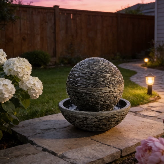 Kaluomm 14" Outdoor Water Fountain, Modern Faux Stone Textured Sphere Fountains with Bowl, Freestanding Resin Water Feature for Garden, Patio, Backyard, Gray