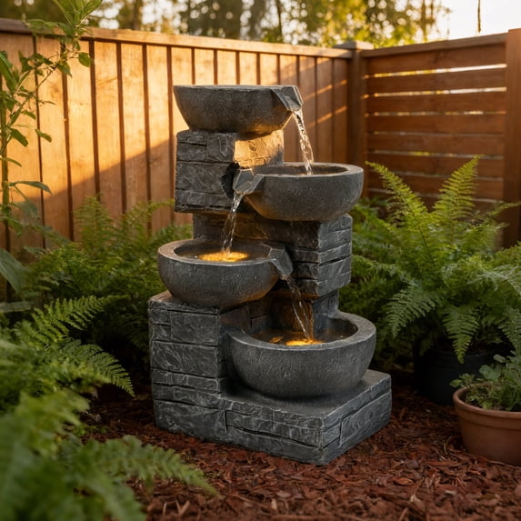 Kaluomm 22“ Outdoor Water Fountains with Cascading Bowls and Stacked Stones, 4-Tiers Fountains with LED Lights, Indoor Morden Floor Standing Resin Water Feature for Garden Patio Backyard, Gray