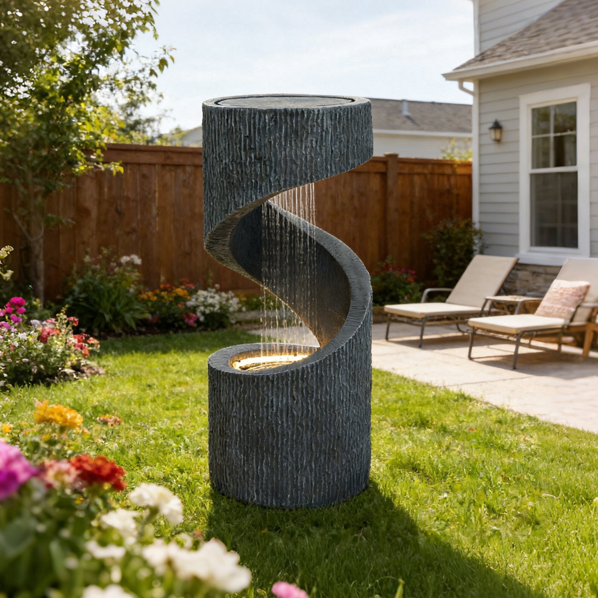 Kaluomm 32" Modern Spiral Column Outdoor Water Fountain with LED Light, Freestanding Resin Waterfall for Patio Garden Decor, Gray