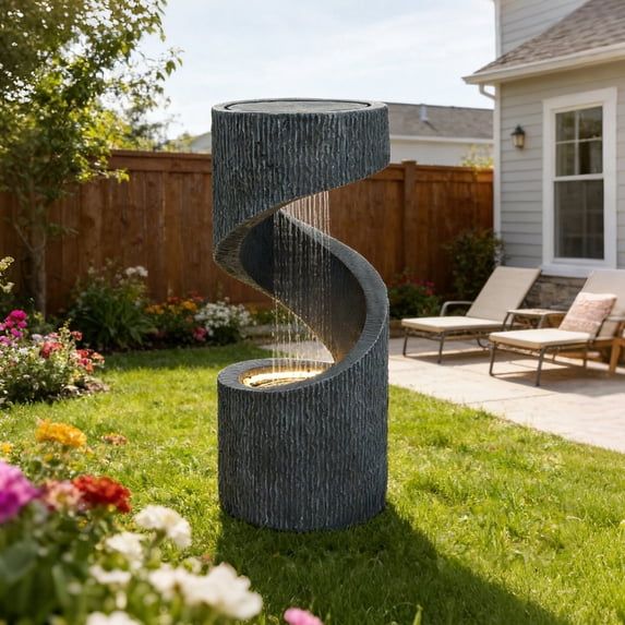 Kaluomm 32" Modern Spiral Column Outdoor Water Fountain with LED Light, Freestanding Resin Waterfall for Patio Garden Decor, Gray
