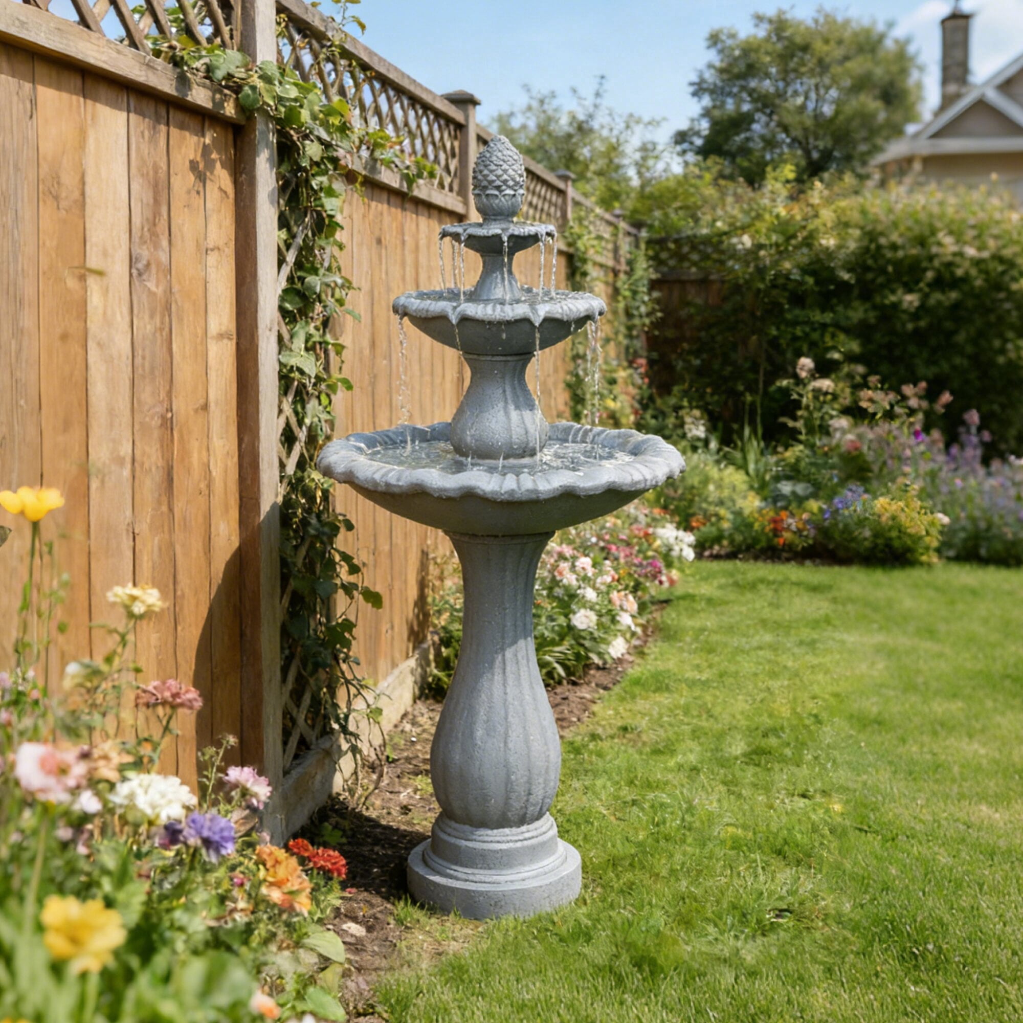 Kaluomm 48" 3-Tiers Outdoor Water Fountain, Italian Pineapple Large Cascading Waterfall Fountains, Weather-Resistant Resin Freestanding Fountain Features for Garden Patio Backyard, Gray