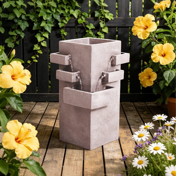 Kaluomm Outdoor Water Fountain 28" Modern Square, Textured Resin Cascading Waterfall for Garden Yard Patio, Beige