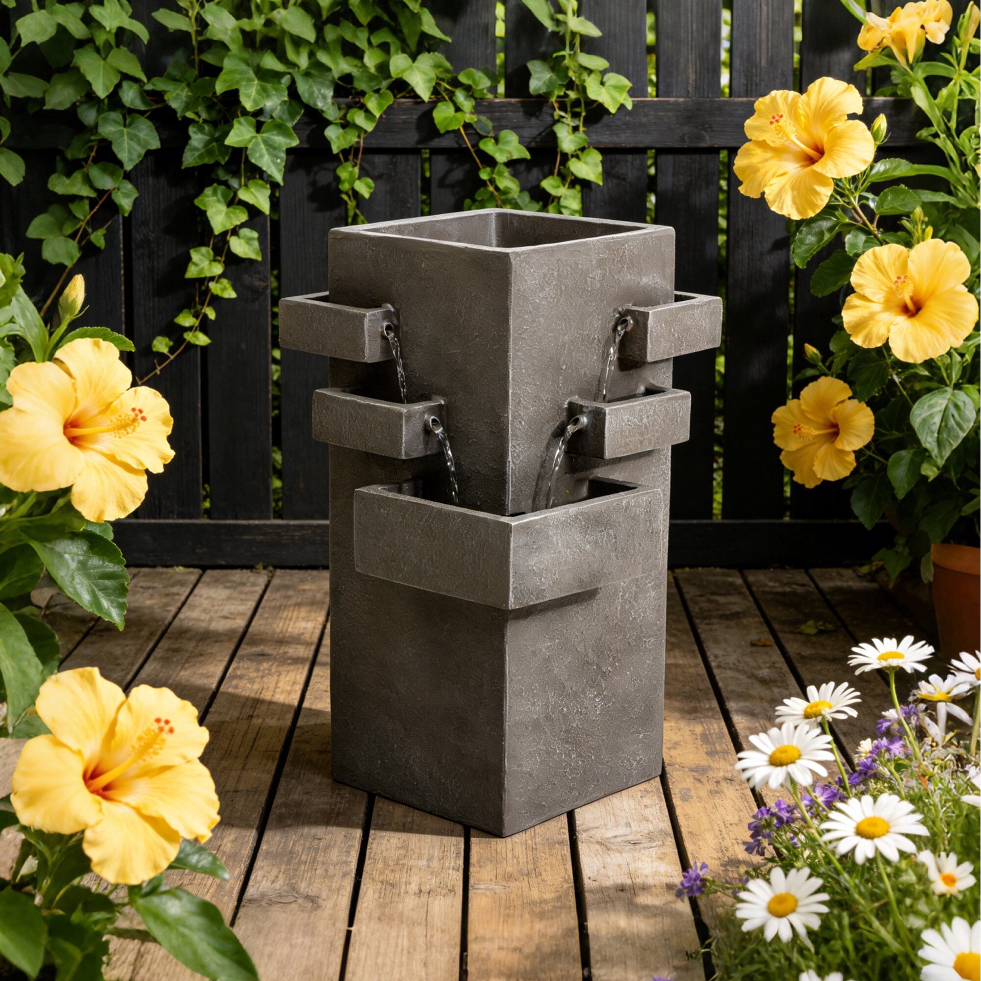 Kaluomm Outdoor Water Fountain 28" Modern Square, Textured Resin Cascading Waterfall for Garden Yard Patio, Gray