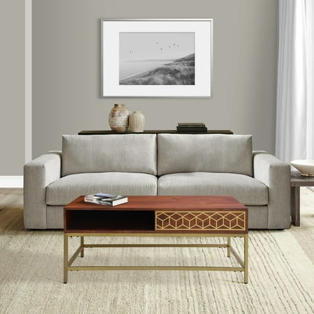 Kalyn 43 Inch Acacia Wood Coffee Table Geometric Screen Printed Design 1 Open Compartment Natural Brown Brass - Saltoro