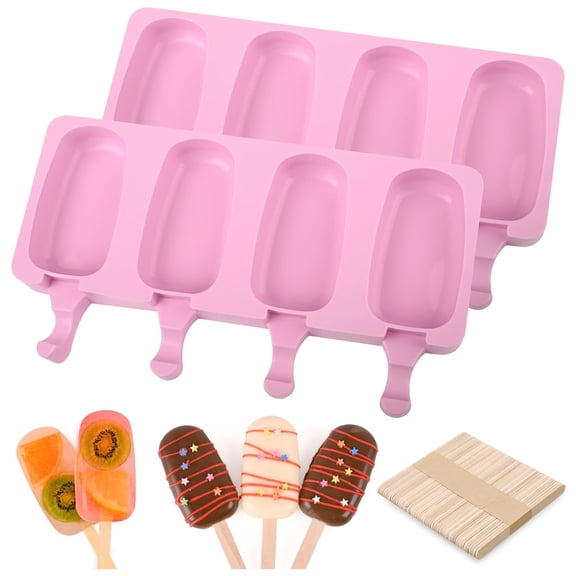 Kalyrart Popsicle Silicone Molds Set, 2 PCS Ice Cream Molds with 50 Wooden Sticks for Cake Pop, Ice Pop, Cakesicles (Standard Size/Pink)