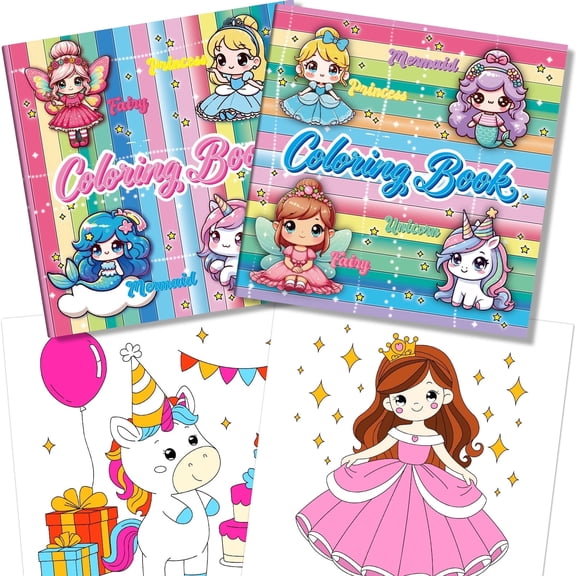 Kalysky 2-Volume Princess Coloring Book, Unicorns, Fairies, Mermaids, For Girls Aged 3-8, Preschool Activity Book, Screen-Free Activity, Gift, Travel