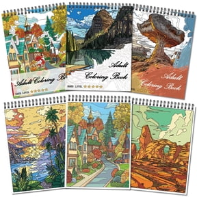 Kalysky Adult Coloring Books Set of Difficulty Level, 60 Pages, 3 Landscape Themed, Stress Relief