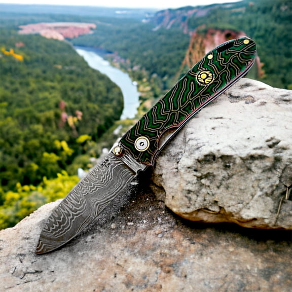 Kam Knife T20 Damascus Steel Green G Micarta Handle Pocket Knife