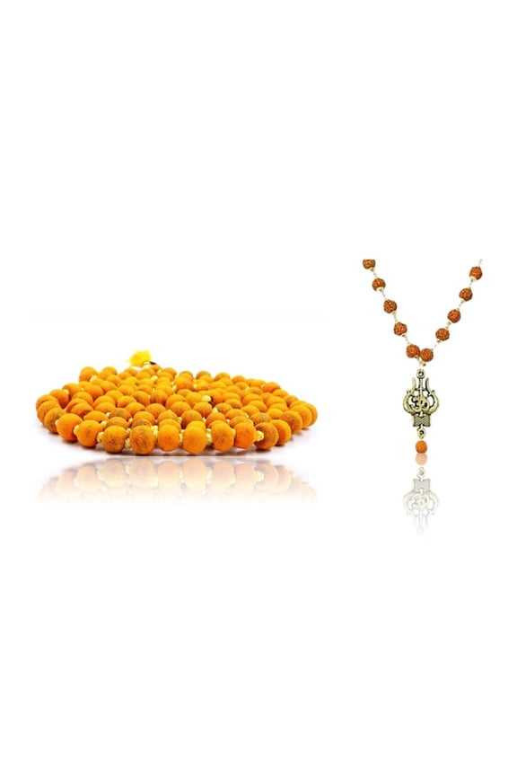 Kamada Combination of 108 Manka(beads) Haldi(Turmeric) mala and exquisite Trishul Rudraksha mala,Spritual Necklace/rosary for Women and Men