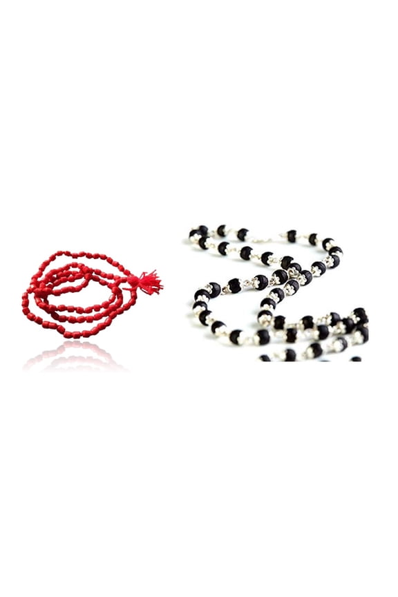 Kamada Combination of Red Coral (Moonga) mala and Black Tulsi mala,Spritual Necklace/rosary for Women and Men