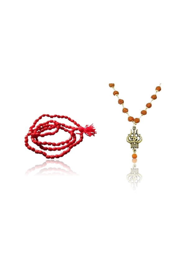 Kamada Combination of Red Coral (Moonga) mala and exquisite Trishul Rudraksha mala,Spritual Necklace/rosary for Women and Men