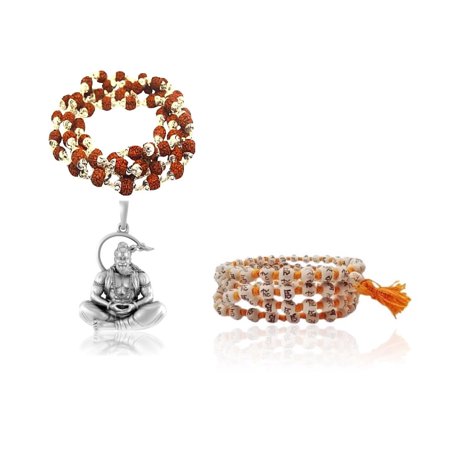 Kamada Combination of Shri Hanuman Rudraksha gold necklace mala and Tulsi (basil) mala,Spritual Pendant Necklace for Women and Men