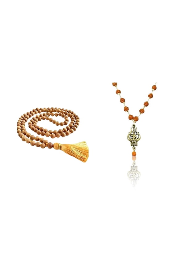 Kamada Combination of Yellow chandan mala and exquisite Trishul Rudraksha mala,Spritual Pendant Necklace for Women and Men