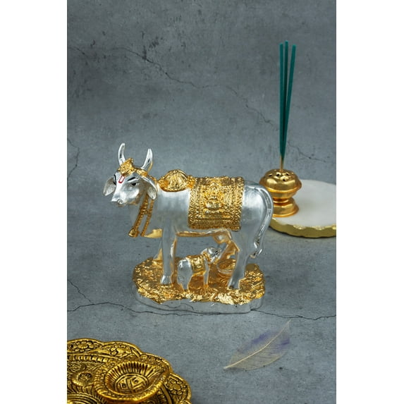 Kamadhenu Cow Feeding Her Calf Idol in Gold & Silver - 4 Inches