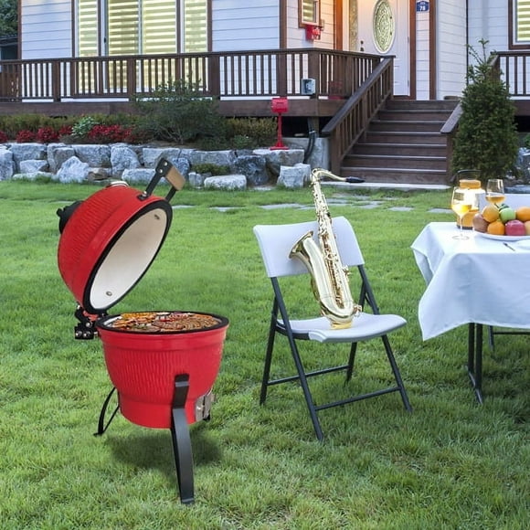 Kamado Charcoal BBQ Grill, Heavy Duty Ceramic Barbecue Smoker and Roaster with Built-in Thermometer and Stainless Steel Grate (13 Inch Handle, Red)