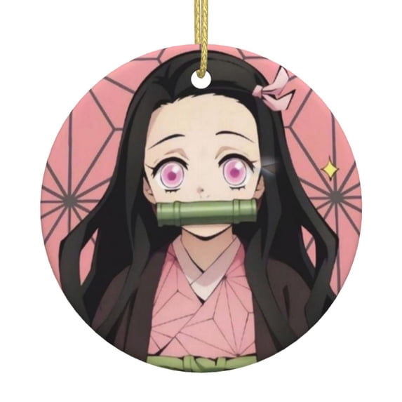 Kamado Nezuko Christmas Ceramic Round Ornaments Print Decorative Hanging Ornaments For Xmas Tree Holiday Party Decoration 1 Pcs