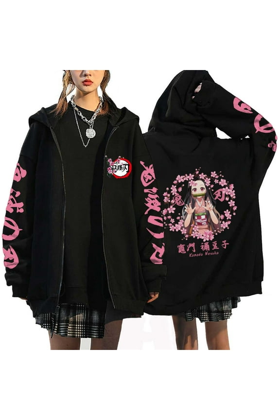 Kamado Nezuko Hoodie Jacket Tanjiro Zipper Sweatshirt Anime Nezuko Cosplay Kamado Tanjirou Zipper Novelty Jacket Unisex