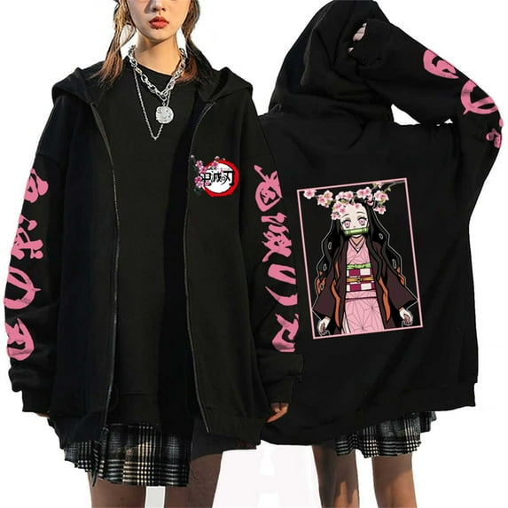 Kamado Nezuko Hoodie Jacket Tanjiro Zipper Sweatshirt Anime Nezuko Cosplay Kamado Tanjirou Zipper Novelty Jacket Unisex