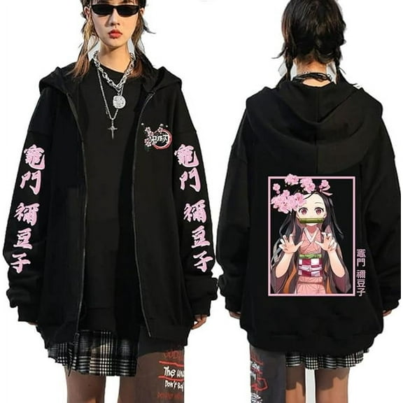 Kamado Nezuko Hoodie Jacket Tanjiro Zipper Sweatshirt Anime Nezuko Cosplay Kamado Tanjirou Zipper Novelty Jacket Unisex