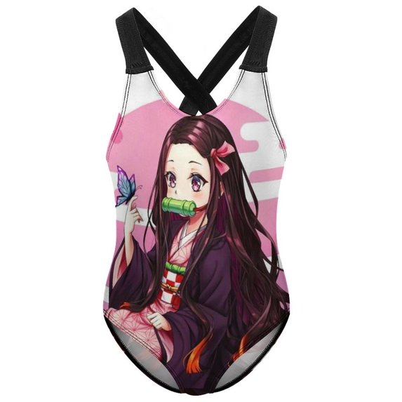 Kamado Nezuko Swimwear Kids' One-Piece Swimsuit Quick-Dry Cute Printed Girls' Swimwear Bathing Suit for Beach & Pool 8-10Y(130cm)
