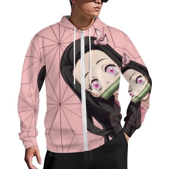 Kamado Nezuko Zip Up Hoodies Unisex Realistic 3D Print Sweatshirt Long Sleeve Hooded Jacket Coat S