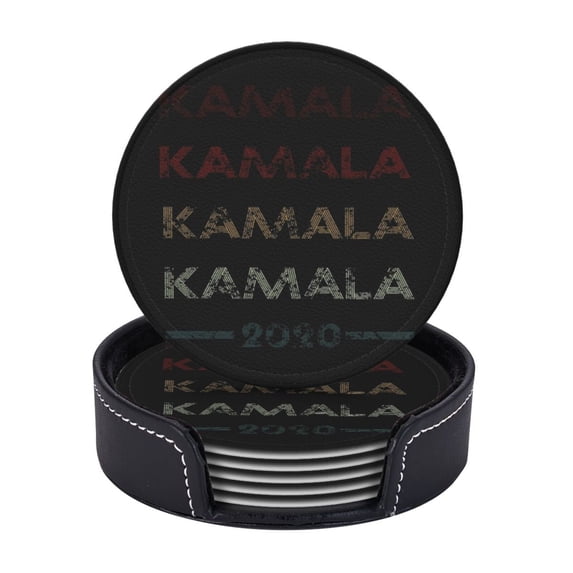 Kamala Harris 2020 Vintage Style Coasters With Leather Holder Set Of 6 Round Coasters for Home and Kitchen Decor