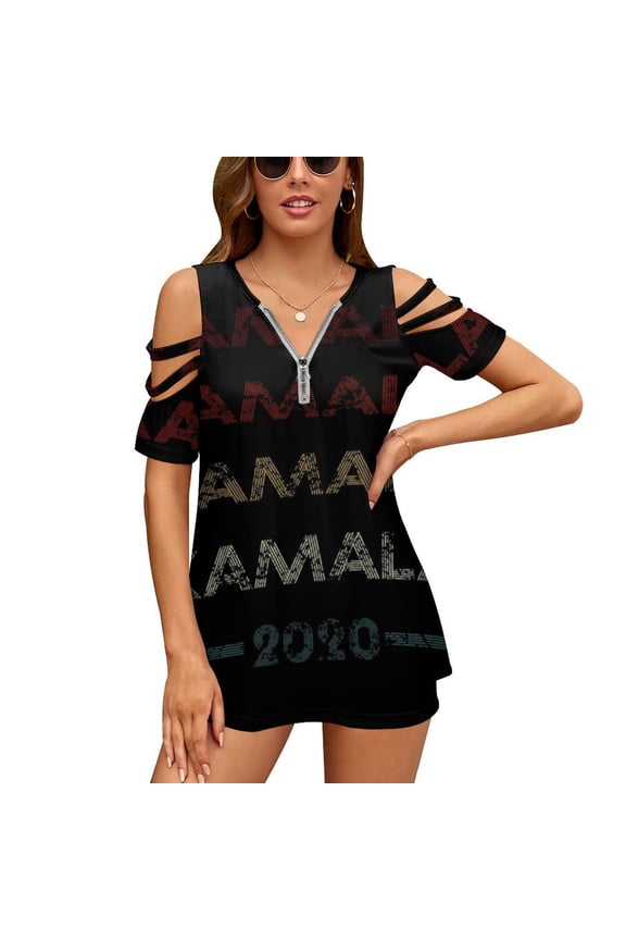 Kamala Harris 2020 Vintage Style Womens Summer V Neck Zipper Top Short Sleeve T Shirt Off Shoulder Top Casual Classy Loose Shirts