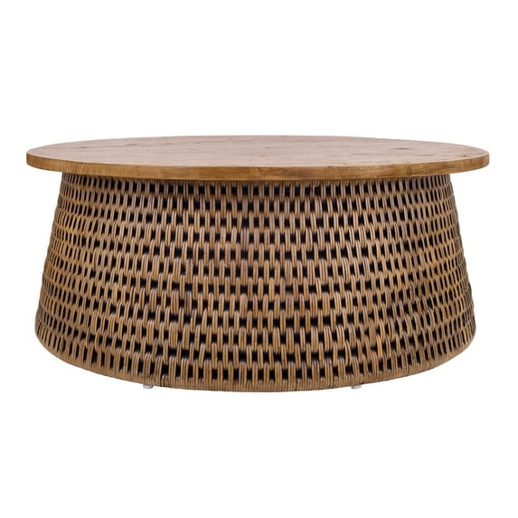 NPD Furniture Kamari Rattan Coffee Table w/ Wood Top in Canary Brown