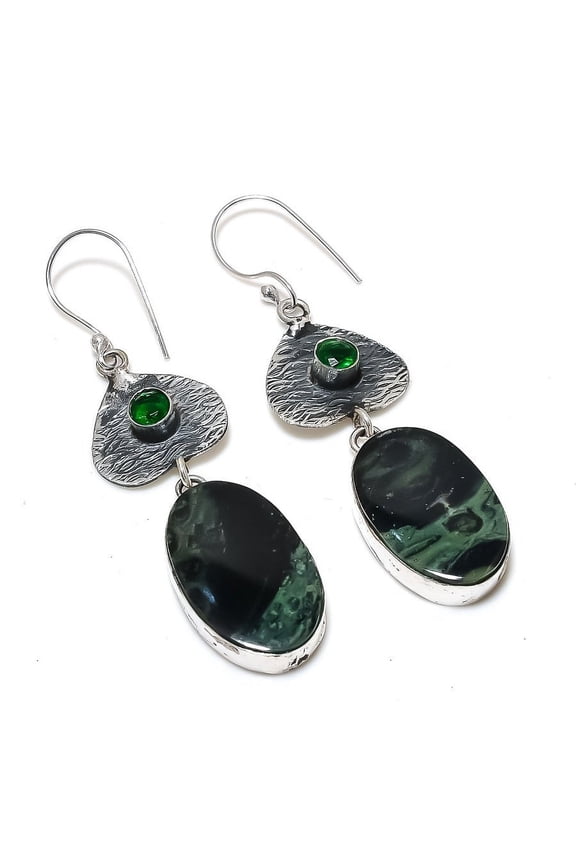 Kambaba Jasper, Diopside Gemstone 925 Sterling Silver Jewelry Earring 2.76 "