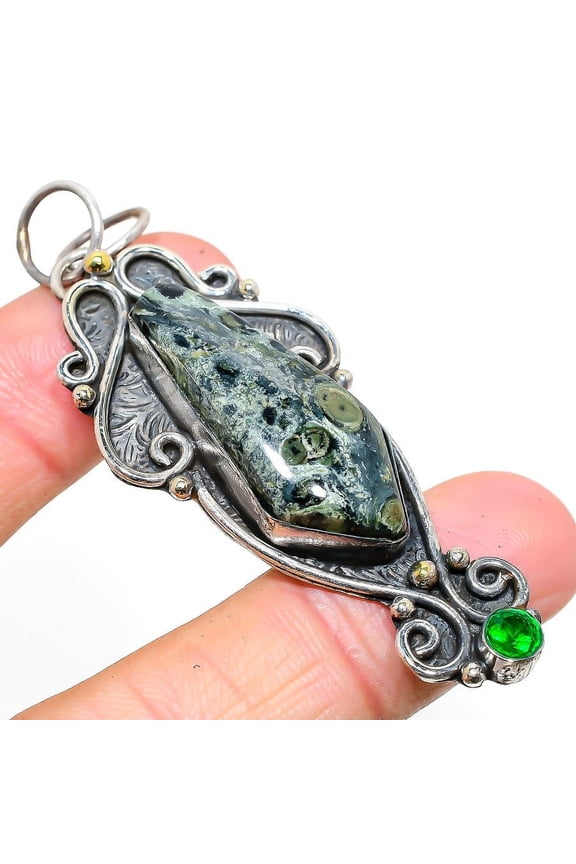 Natural Kambaba Jasper, Diopside Gemstone 925 Sterling Silver Pendant 2.76"