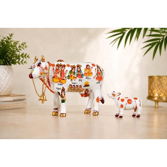 Fashion Bizz Home Kamdhenu Cow with Calf Marble Idol Hand-Painted Hindu Religious Figurine for Puja, Home Dcor, Vastu, Feng Shui, Diwali Gift, Wedding & Housewarming Blessing