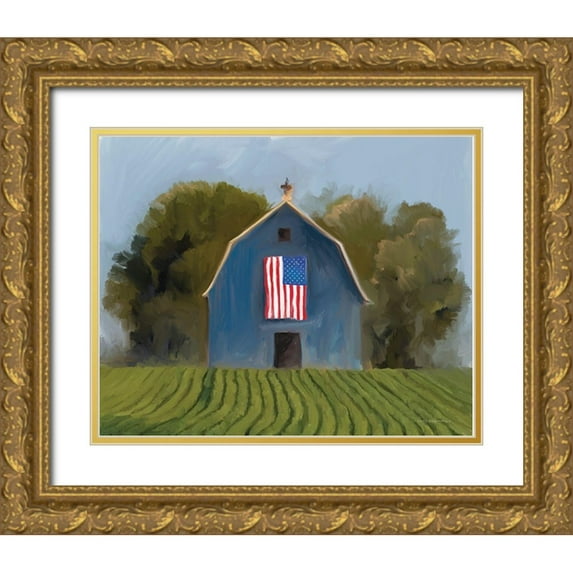 Kamdon Kreations 18x15 Gold Ornate Wood Framed with Double Matting Museum Art Print Titled - Land of the Free Barn