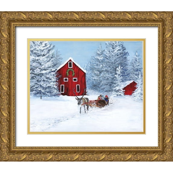 Kamdon Kreations 31x26 Gold Ornate Wood Framed with Double Matting Museum Art Print Titled - Over the River and Through the Woods