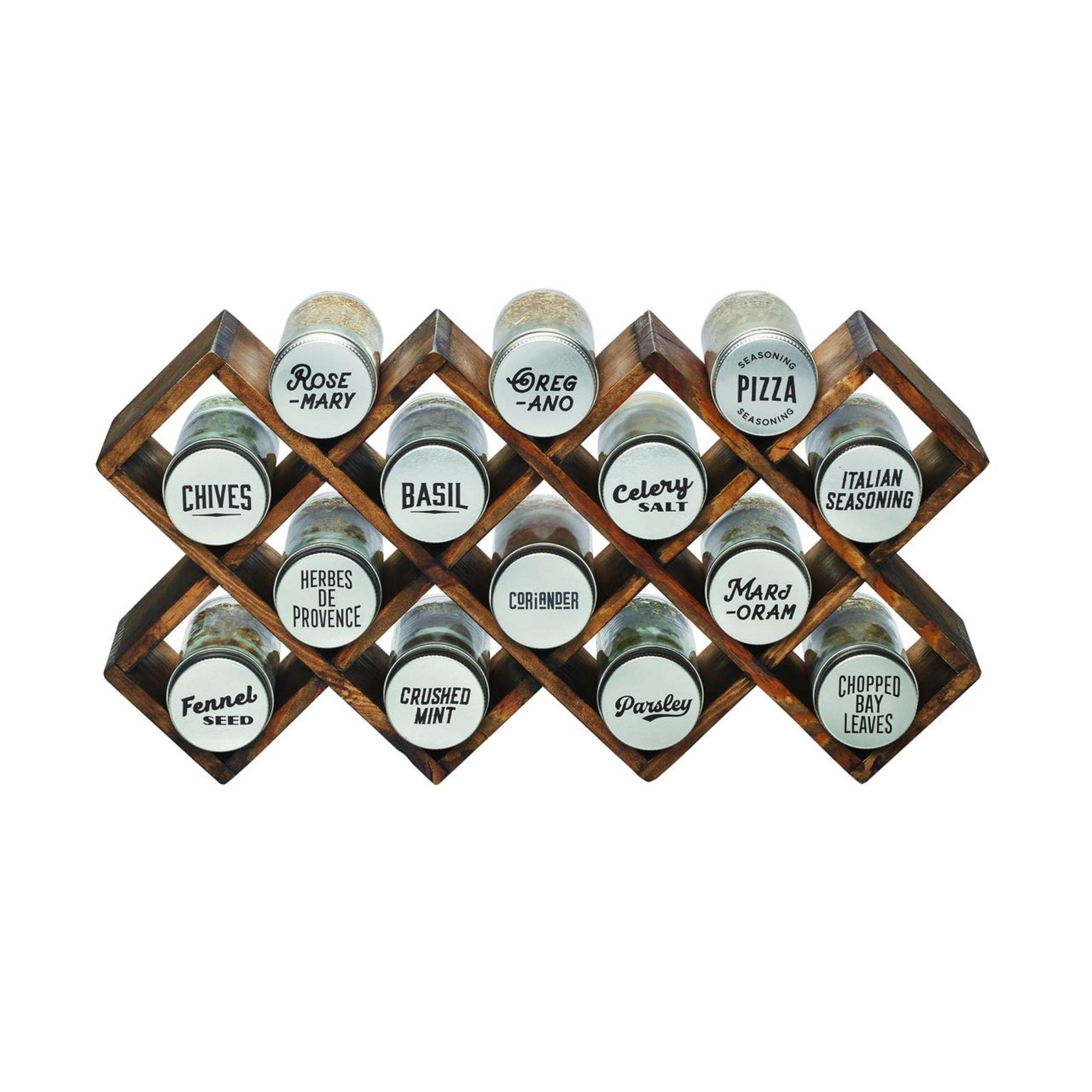Kamenstein Prefilled 14-Jar Criss Cross Spice Rack in Grey Wash, Spices and Jars Included