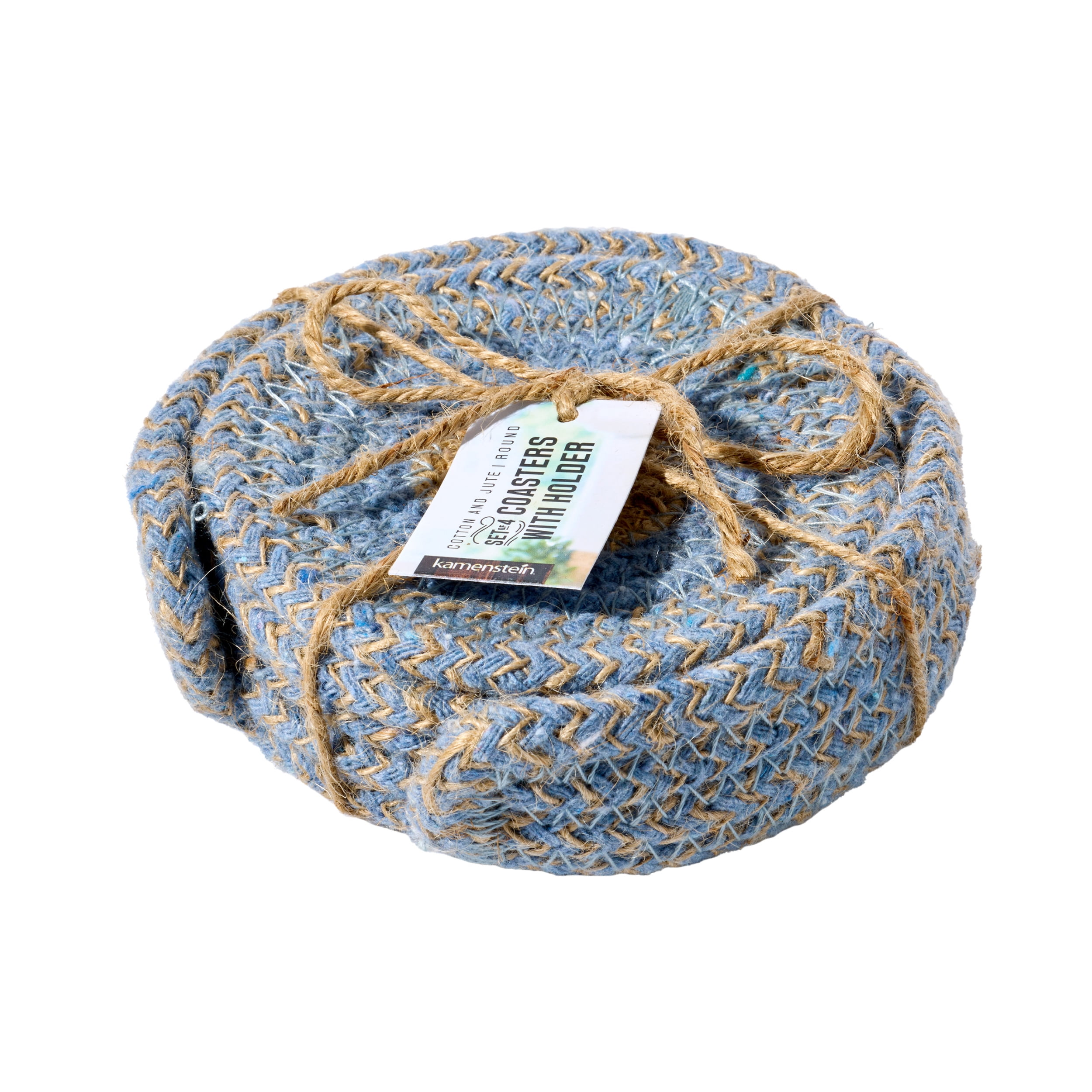 Kamenstein 4 Piece Jute & Cotton Coaster Set with Holder, Blue