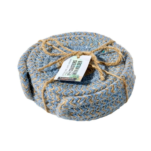 Kamenstein 4 Piece Jute & Cotton Coaster Set with Holder, Blue